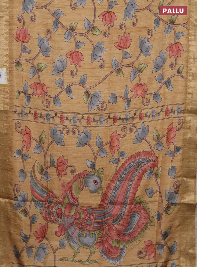 Semi tussar saree sandal with allover floral prints and zari woven border