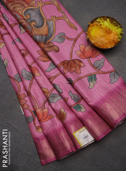 Semi tussar saree light pink with allover floral prints and zari woven border