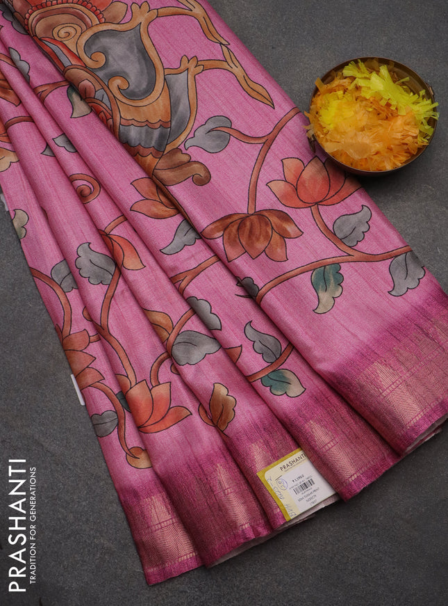 Semi tussar saree light pink with allover floral prints and zari woven border