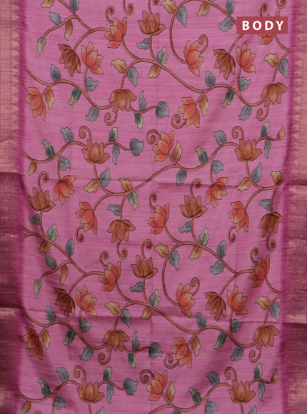 Semi tussar saree light pink with allover floral prints and zari woven border