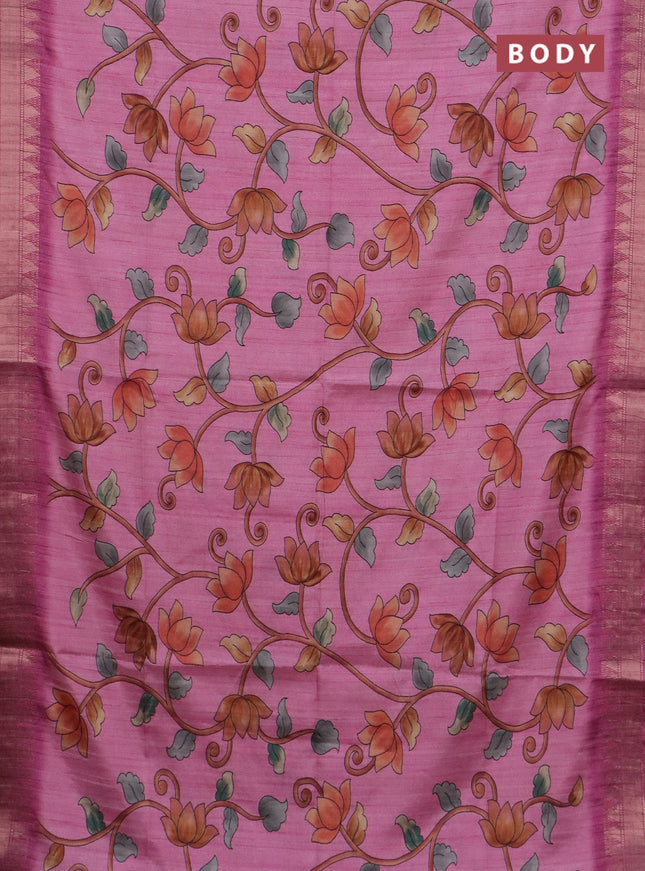 Semi tussar saree light pink with allover floral prints and zari woven border