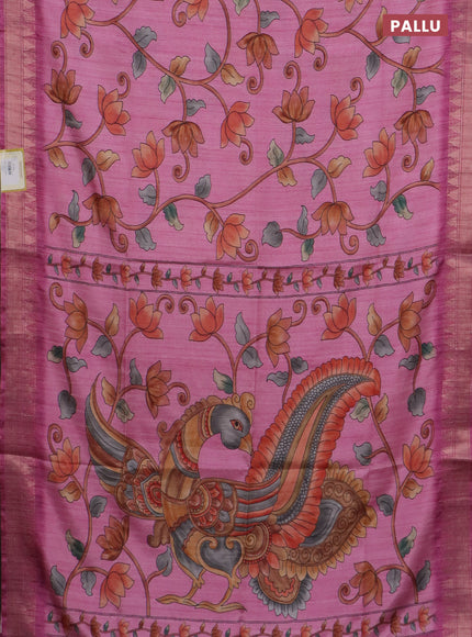 Semi tussar saree light pink with allover floral prints and zari woven border