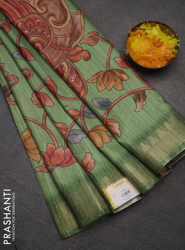 Semi tussar saree light green with allover floral prints and zari woven border