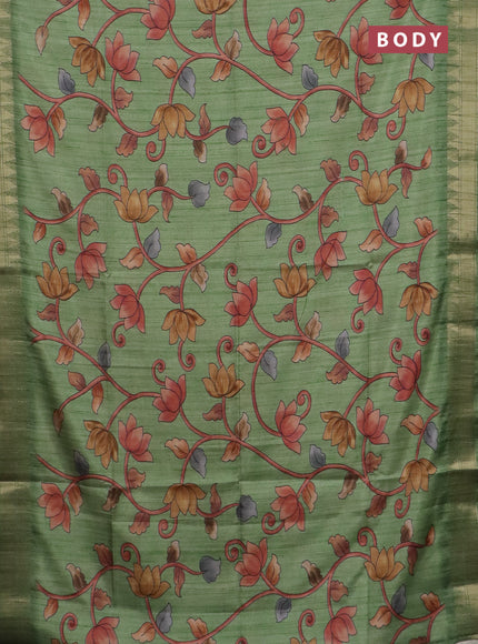 Semi tussar saree light green with allover floral prints and zari woven border