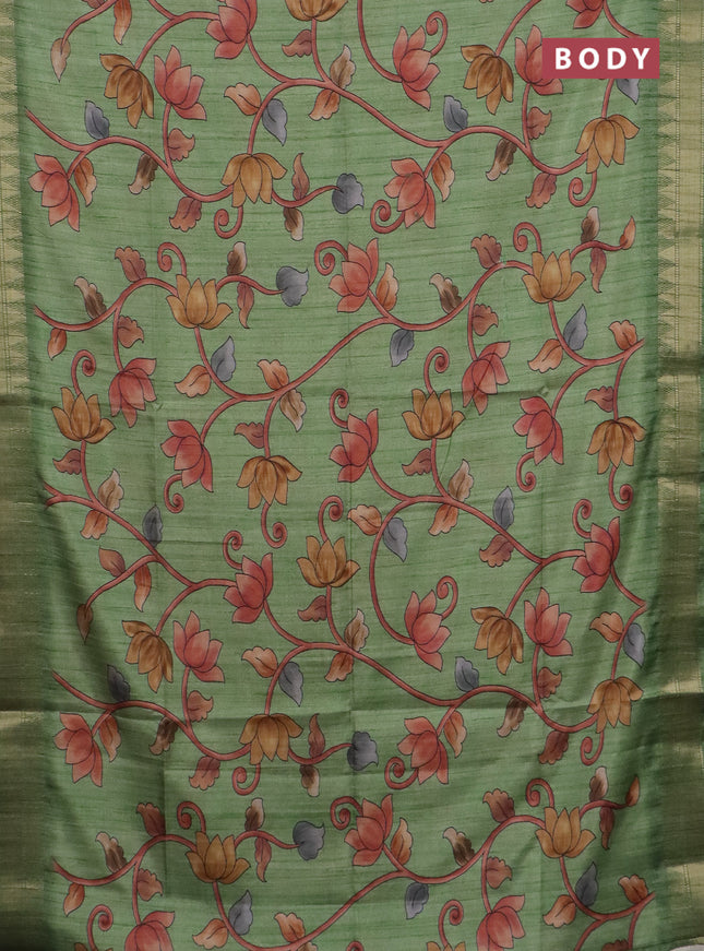 Semi tussar saree light green with allover floral prints and zari woven border