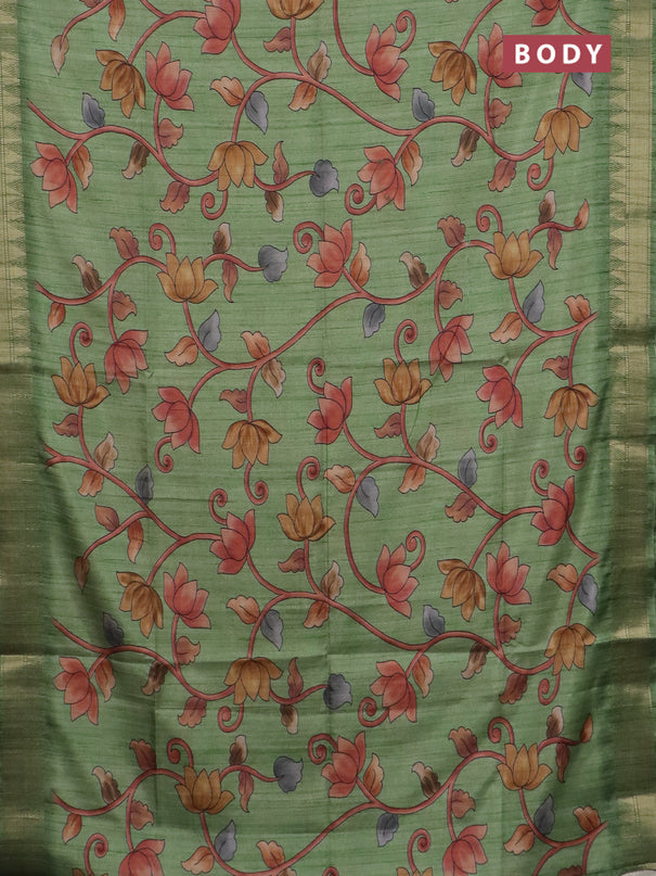 Semi tussar saree light green with allover floral prints and zari woven border