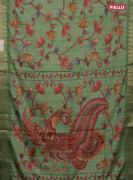 Semi tussar saree light green with allover floral prints and zari woven border