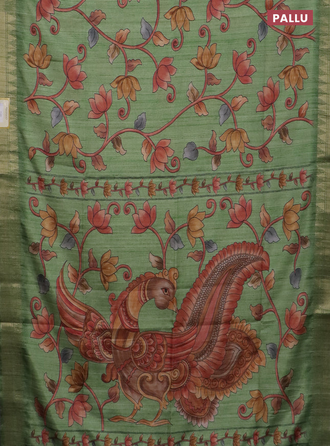 Semi tussar saree light green with allover floral prints and zari woven border