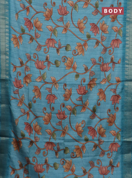 Semi tussar saree teal blue with allover floral prints and zari woven border