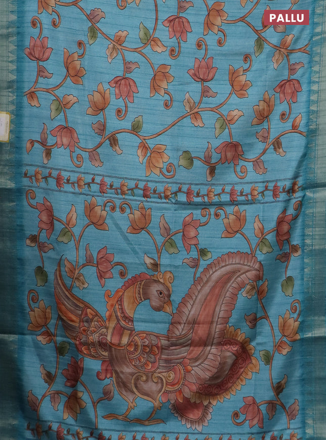 Semi tussar saree teal blue with allover floral prints and zari woven border