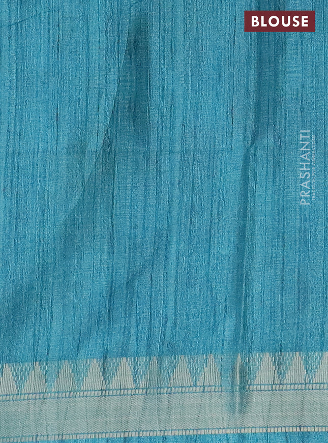 Semi tussar saree teal blue with allover floral prints and zari woven border
