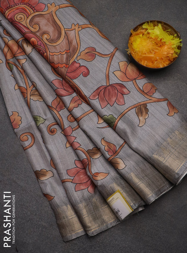 Semi tussar saree grey with allover floral prints and zari woven border