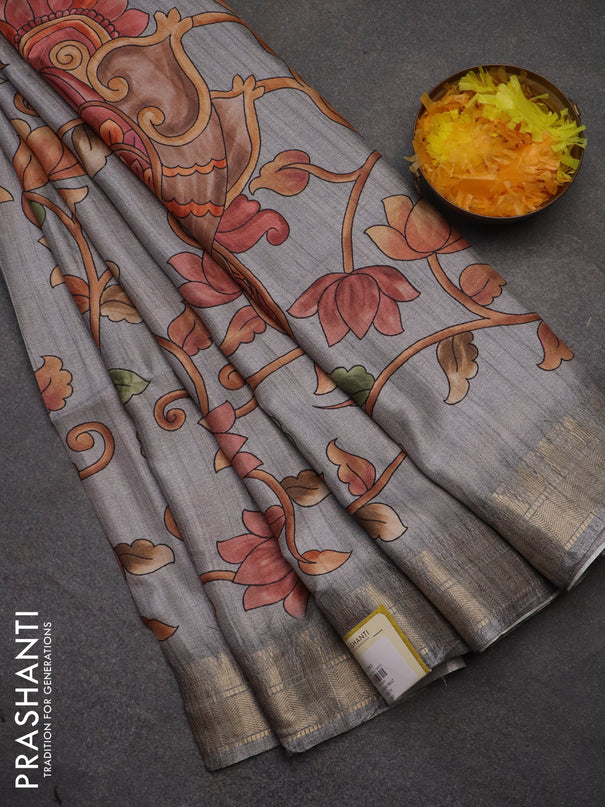 Semi tussar saree grey with allover floral prints and zari woven border