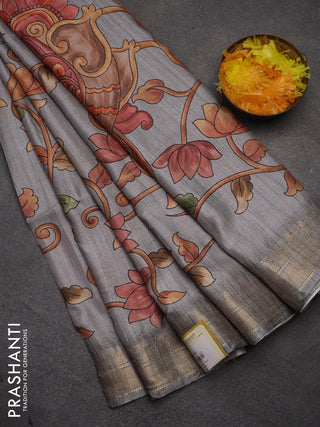 Semi tussar saree grey with allover floral prints and zari woven border