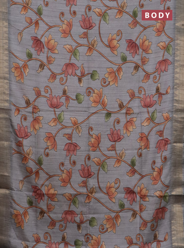 Semi tussar saree grey with allover floral prints and zari woven border
