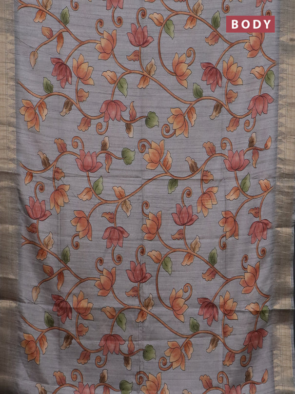 Semi tussar saree grey with allover floral prints and zari woven border