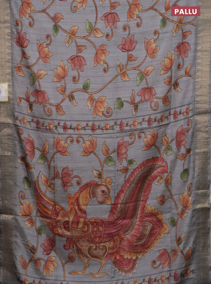 Semi tussar saree grey with allover floral prints and zari woven border