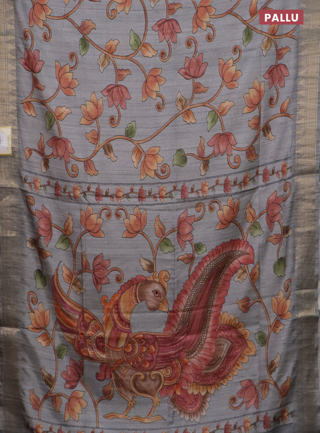 Semi tussar saree grey with allover floral prints and zari woven border