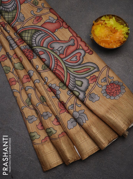 Semi tussar saree sandal with allover floral prints and zari woven border