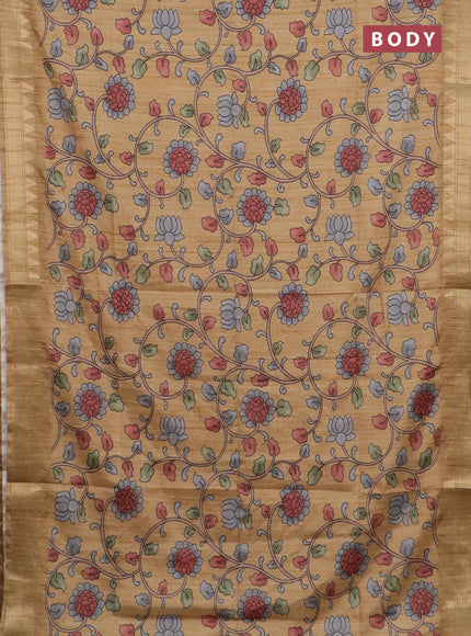 Semi tussar saree sandal with allover floral prints and zari woven border