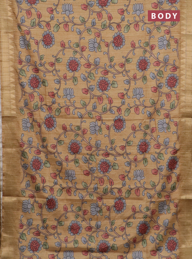 Semi tussar saree sandal with allover floral prints and zari woven border