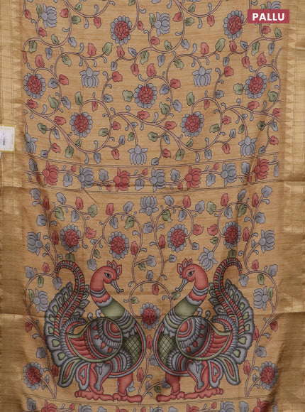 Semi tussar saree sandal with allover floral prints and zari woven border