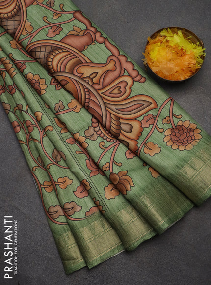 Semi tussar saree green with allover floral prints and zari woven border