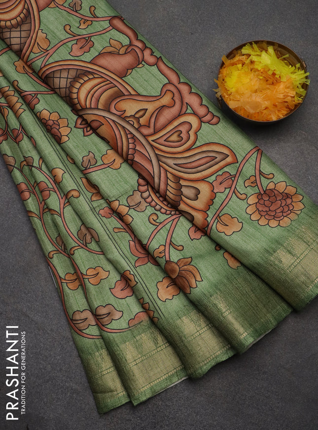 Semi tussar saree green with allover floral prints and zari woven border