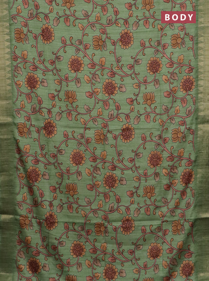 Semi tussar saree green with allover floral prints and zari woven border