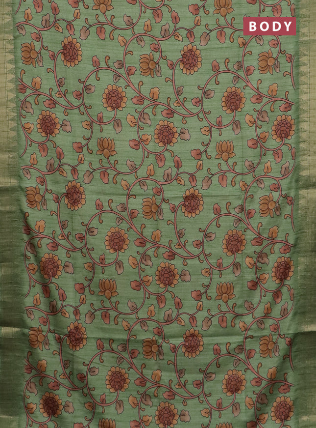 Semi tussar saree green with allover floral prints and zari woven border