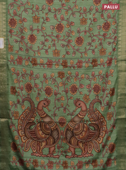 Semi tussar saree green with allover floral prints and zari woven border