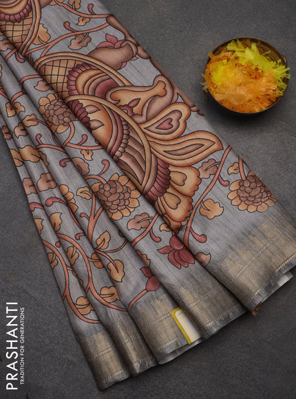 Semi tussar saree grey with allover floral prints and zari woven border