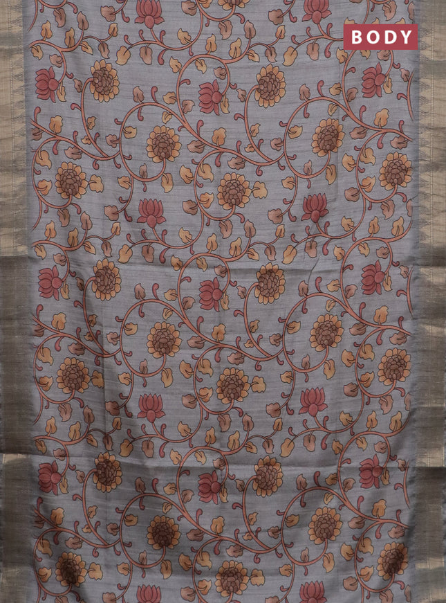 Semi tussar saree grey with allover floral prints and zari woven border