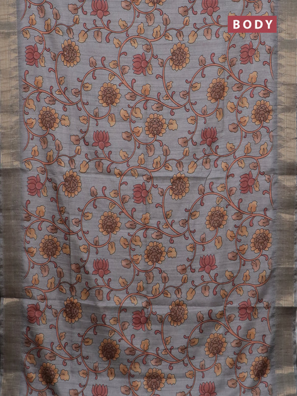 Semi tussar saree grey with allover floral prints and zari woven border