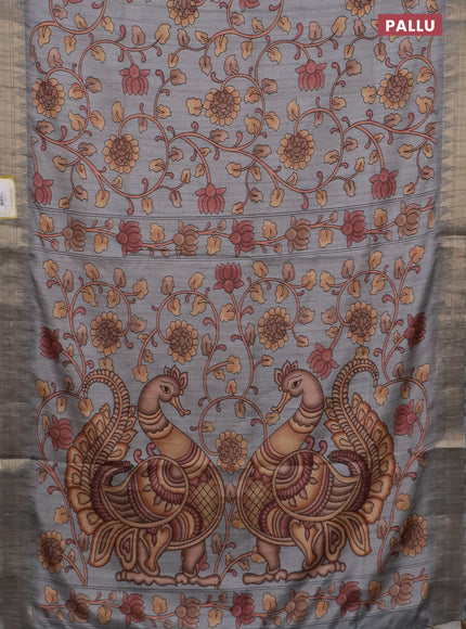 Semi tussar saree grey with allover floral prints and zari woven border