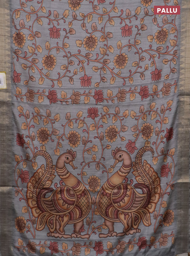 Semi tussar saree grey with allover floral prints and zari woven border