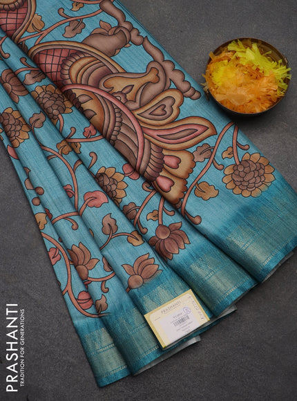 Semi tussar saree pastel blue with allover floral prints and zari woven border