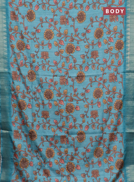 Semi tussar saree pastel blue with allover floral prints and zari woven border