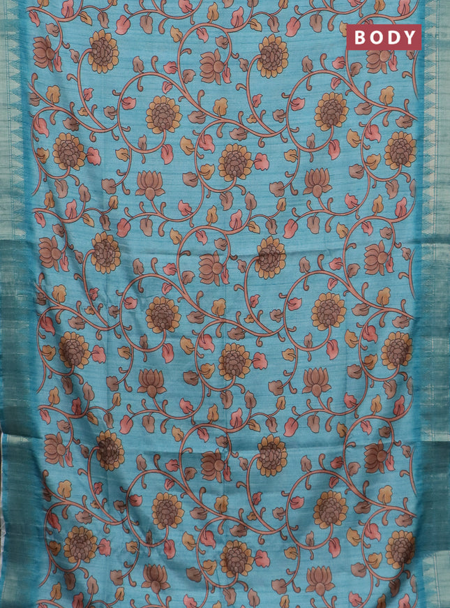 Semi tussar saree pastel blue with allover floral prints and zari woven border