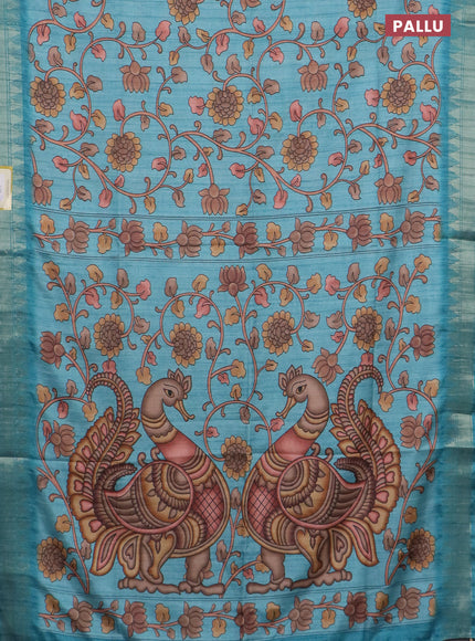 Semi tussar saree pastel blue with allover floral prints and zari woven border