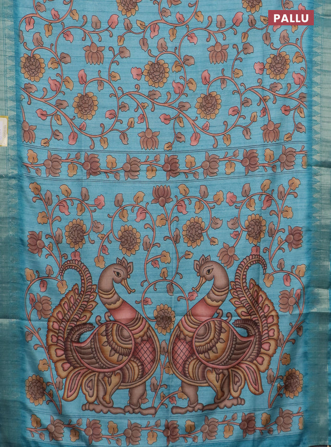 Semi tussar saree pastel blue with allover floral prints and zari woven border