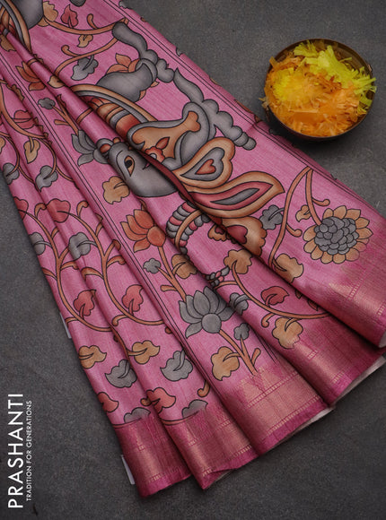 Semi tussar saree light pink with allover floral prints and zari woven border