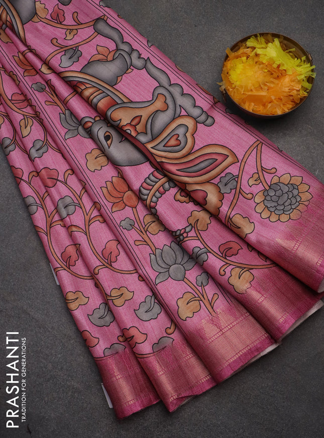 Semi tussar saree light pink with allover floral prints and zari woven border