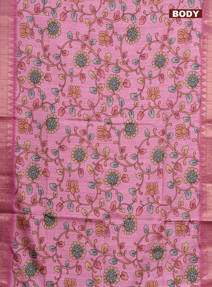 Semi tussar saree light pink with allover floral prints and zari woven border