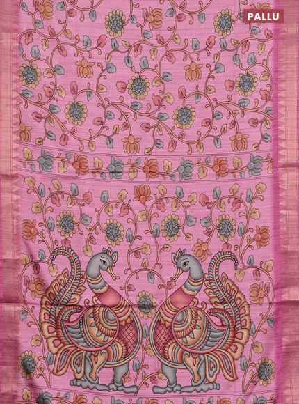 Semi tussar saree light pink with allover floral prints and zari woven border