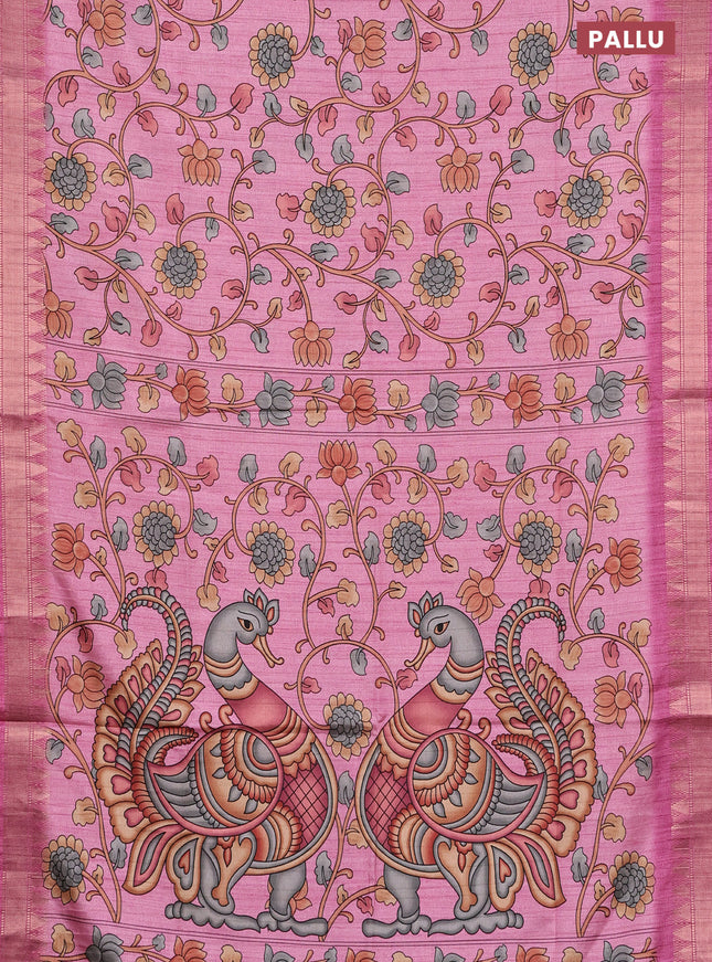 Semi tussar saree light pink with allover floral prints and zari woven border