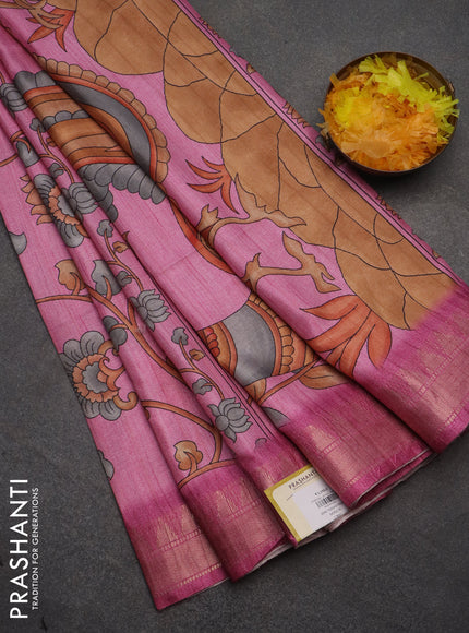 Semi tussar saree light pink with allover floral prints and zari woven border