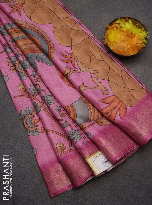 Semi tussar saree light pink with allover floral prints and zari woven border