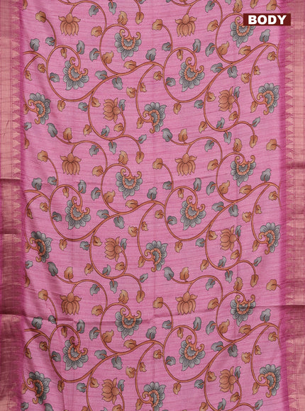 Semi tussar saree light pink with allover floral prints and zari woven border