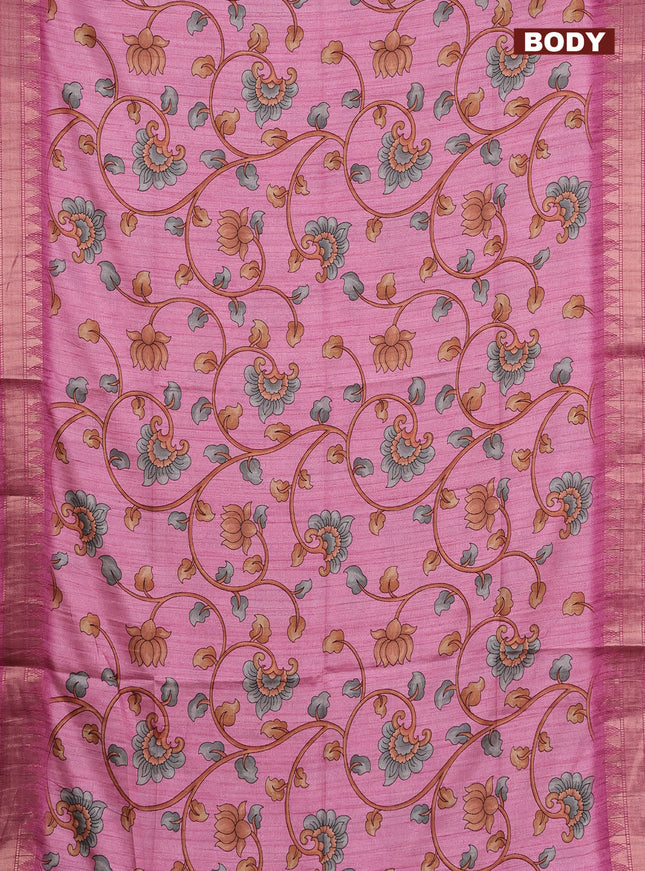 Semi tussar saree light pink with allover floral prints and zari woven border
